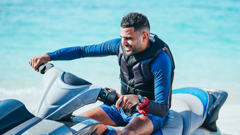 ADVENTURE TIME : Riyad Mahrez takes a seat on a jet ski