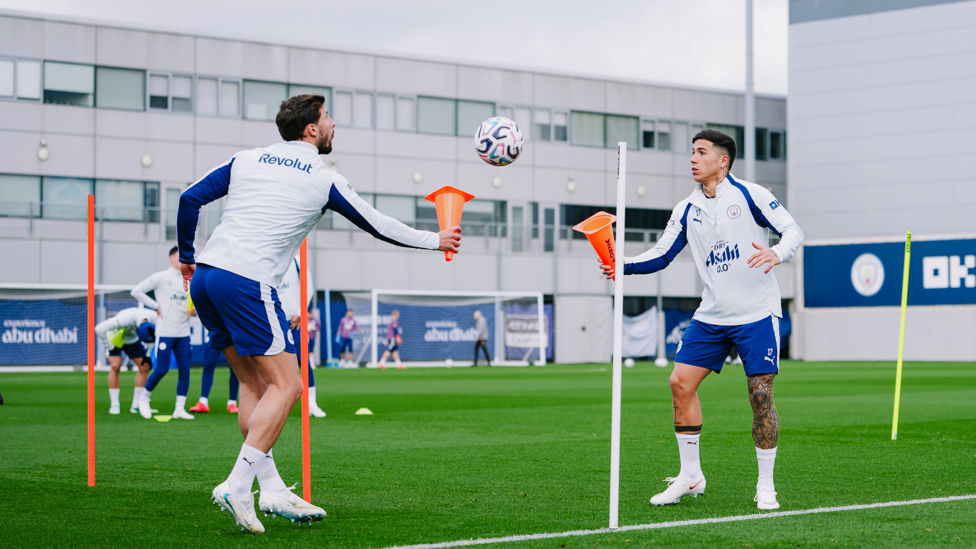 CONE-TINUING THE HARD WORK : Enzo Fernández and Ruben Dias in today's session