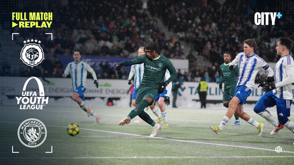 Soccer match between HJK Helsinki Under-19s and Manchester City in the UEFA Youth League. Players from both teams are in action on the field. The Manchester City logo is visible.