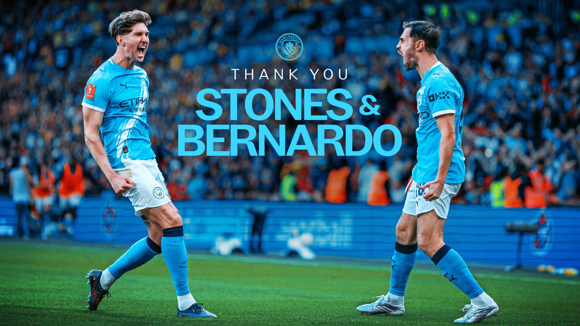 Graphic featuring two blurred players in Manchester City kits. Text reads 'Thank You Stones & Bernardo' with the Manchester City logo above.