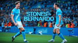 Graphic featuring two blurred players in Manchester City kits. Text reads 'Thank You Stones & Bernardo' with the Manchester City logo above.