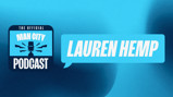 Graphic for The Official Man City Podcast featuring 'Lauren Hemp' on a blue background.