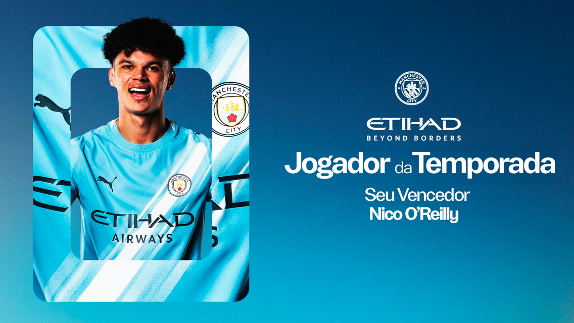 Blurred image of a person in a Manchester City jersey with text in Portuguese announcing them as 'Jogador da Temporada' and 'Seu Vencedor' Nico O'Reilly.