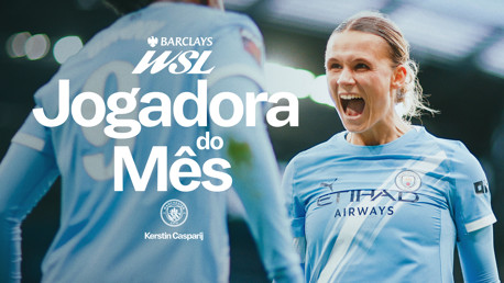 Image of Manchester City player Kerstin Casparij named as WSL Player of the Month, wearing the team's blue kit with Etihad Airways sponsor logo.