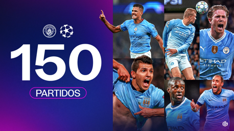 Image celebrating Manchester City's 150 matches in the UEFA Champions League featuring players in action. Includes Man City logo and UEFA Champions League logo.
