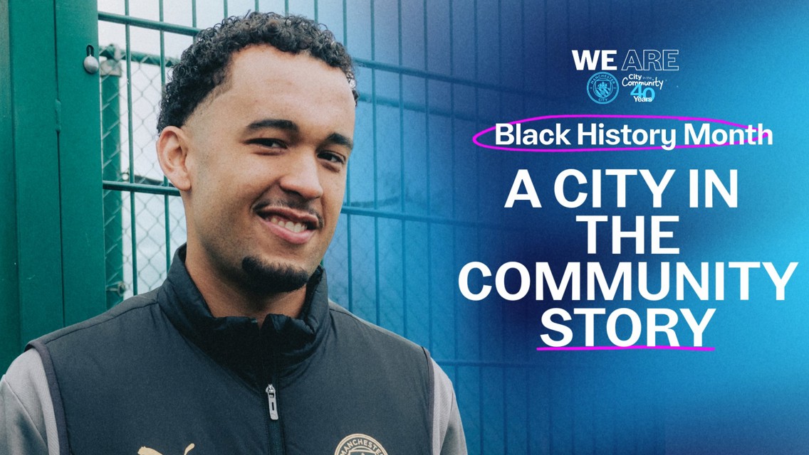 A person smiles next to text promoting Black History Month and the City in the Community story. Includes Manchester City logos.