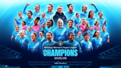 Collage of Manchester City Women's team celebrating as Barclays Women's Super League champions for 2025/26 season at Joie Stadium.