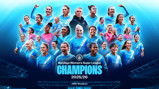 Collage of Manchester City Women's team celebrating as Barclays Women's Super League champions for 2025/26 season at Joie Stadium.
