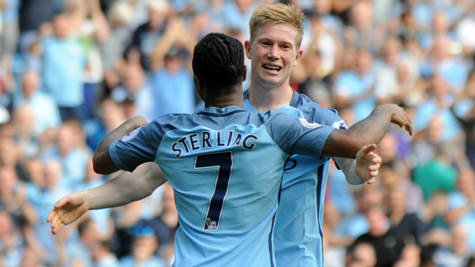 ALL SMILES : KDB was delighted with Raheem putting City 3-0 up against Bournemouth