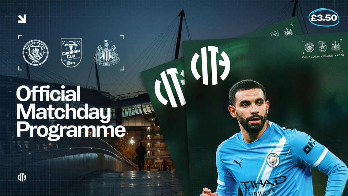 A matchday programme cover for a Manchester City vs Newcastle United Carabao Cup match featuring logos, Etihad Stadium background, and a player in a Manchester City kit, priced at £3.50.