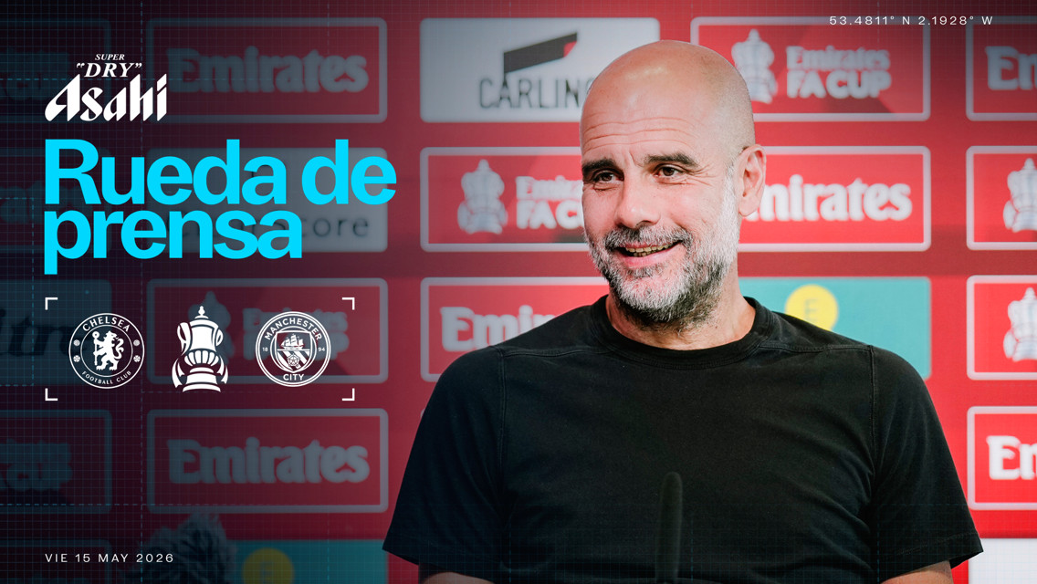 Press conference backdrop for an FA Cup match between Chelsea FC and Manchester City on May 15, 2026, sponsored by Asahi Super Dry.