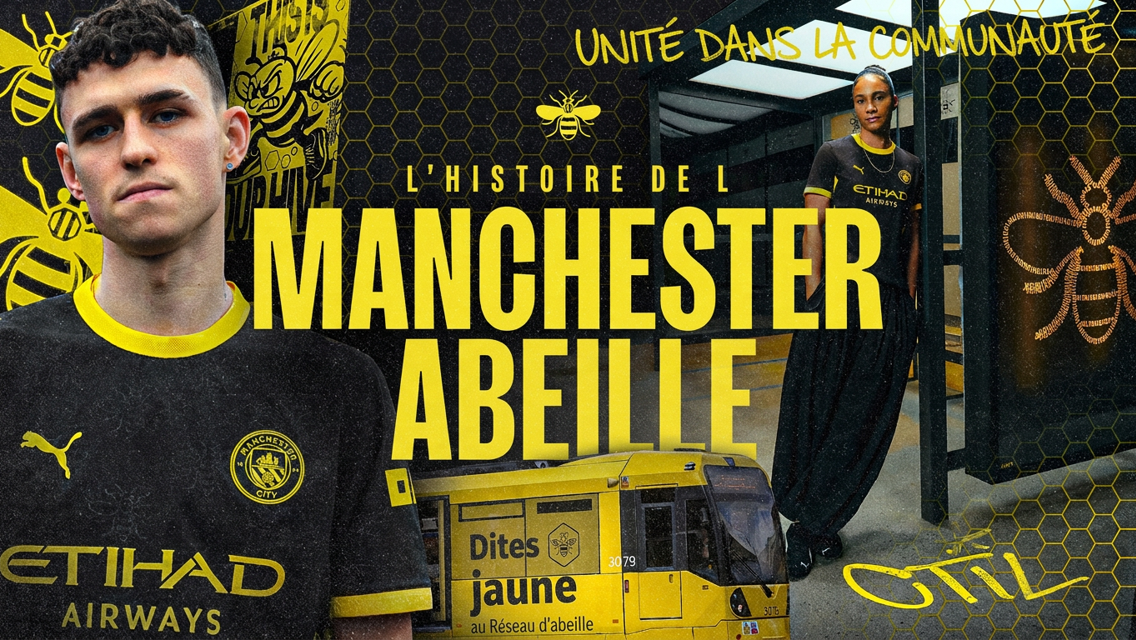 A football-themed graphic featuring two individuals wearing Manchester City jerseys. The text promotes a story about 'Manchester Abeille' in French, and includes imagery of a yellow tram and bees.