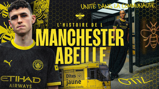 A football-themed graphic featuring two individuals wearing Manchester City jerseys. The text promotes a story about 'Manchester Abeille' in French, and includes imagery of a yellow tram and bees.
