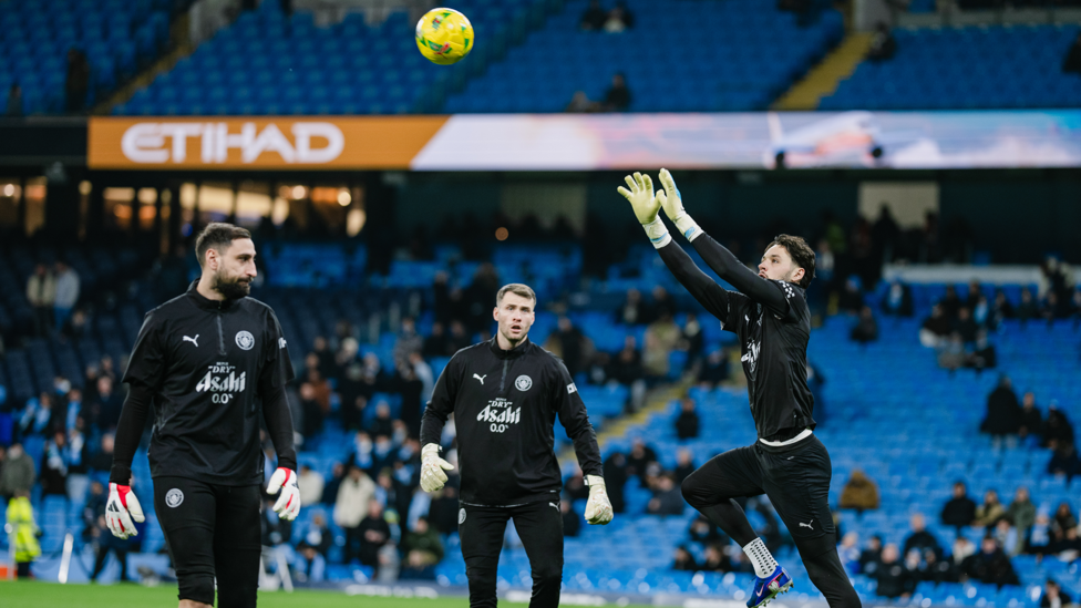 JUMPING JAMES : Trafford gets a feel of the ball during the pre-match warm up.