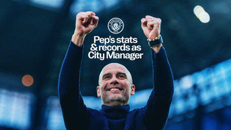 Banner highlighting Pep's stats and records as Manchester City manager, with arms raised in celebration.