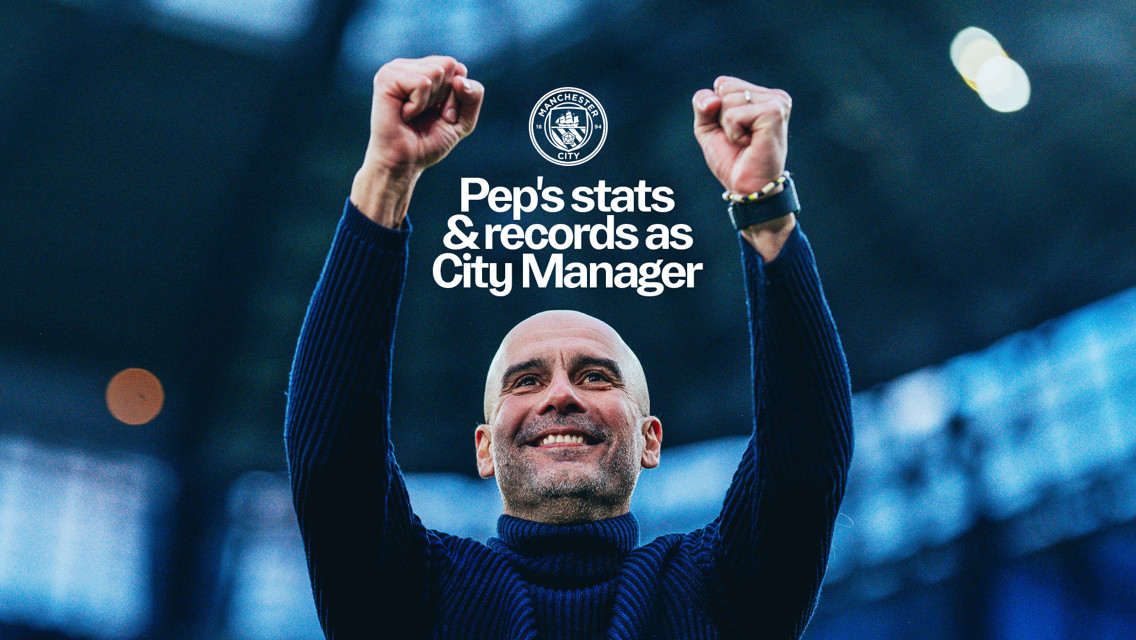 Banner highlighting Pep's stats and records as Manchester City manager, with arms raised in celebration.