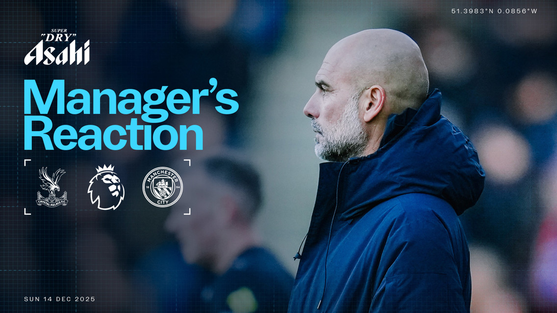 An image showing a football manager's reaction during a match between Crystal Palace and Manchester City with logos of Crystal Palace, Premier League, and Manchester City visible. The date is Sun 14 Dec 2025, and geographic coordinates are provided.