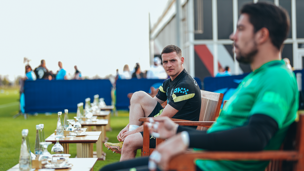 LET'S GO : Sergio Gomez and Stefan Ortega Moreno take a seat before the hard work starts