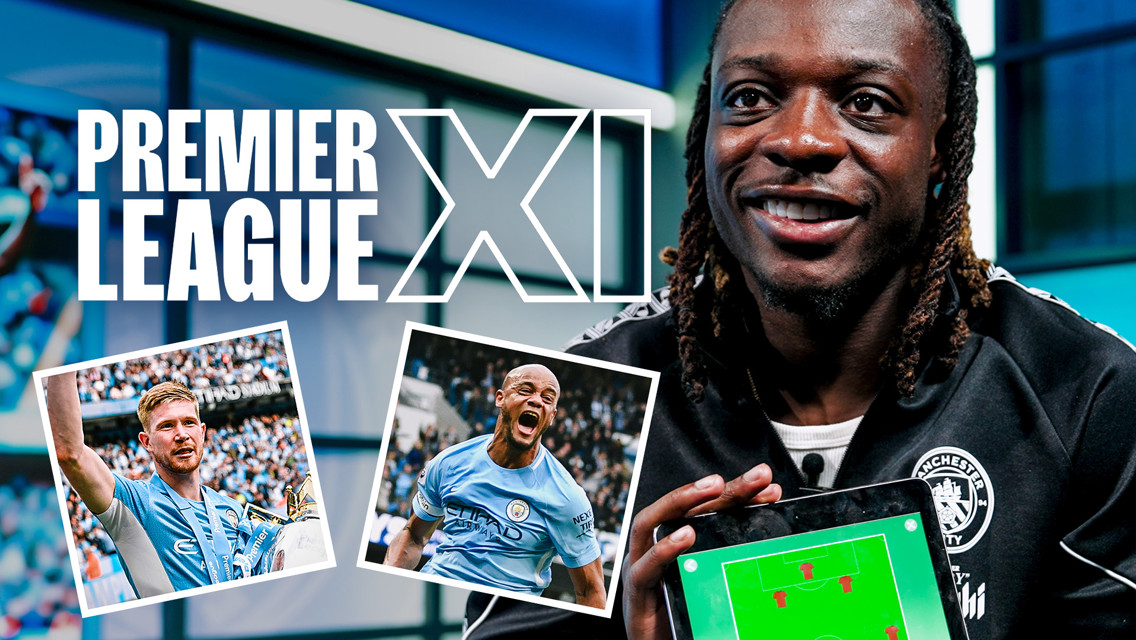 Man in Manchester City jacket holding a tablet with a football formation. Text 'Premier League XI' and images of football players celebrating in background.