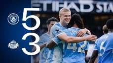 Graphic showing Manchester City winning 5-3 against Sunderland with Manchester City players celebrating. Manchester City's logo is included.