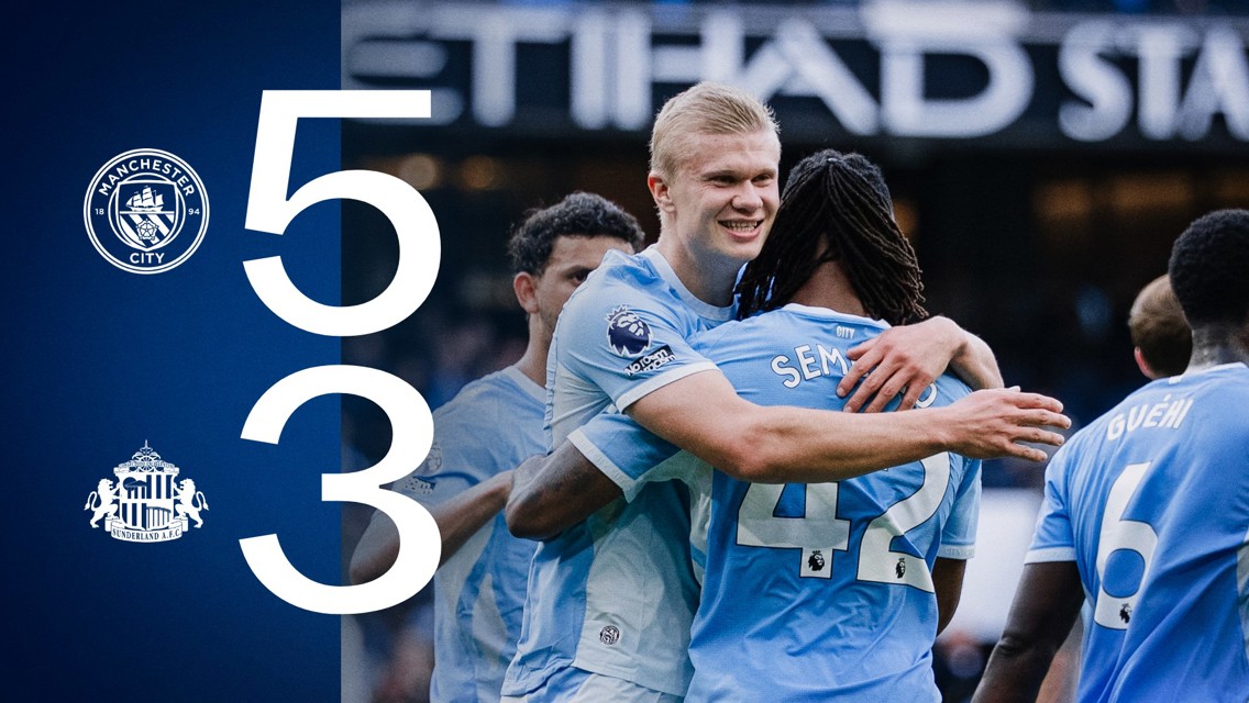 Graphic showing Manchester City winning 5-3 against Sunderland with Manchester City players celebrating. Manchester City's logo is included.