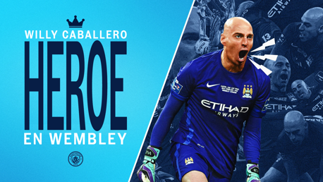 Promotional graphic featuring text 'Willy Caballero Heroe en Wembley' with Manchester City player in blue kit.