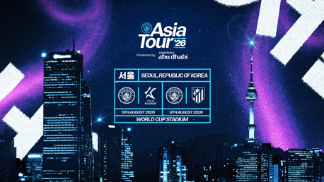 Promotional graphic for the Asia Tour '26 in Seoul, Republic of Korea featuring matches on August 5th, 2026 and August 9th, 2026 at the World Cup Stadium.