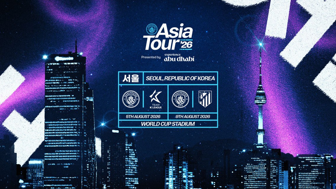 Promotional graphic for the Asia Tour '26 in Seoul, Republic of Korea featuring matches on August 5th, 2026 and August 9th, 2026 at the World Cup Stadium.