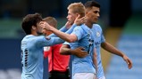 FEELING THE LOVE: Silva and Rodri congratulate KDB after his stunning goal.