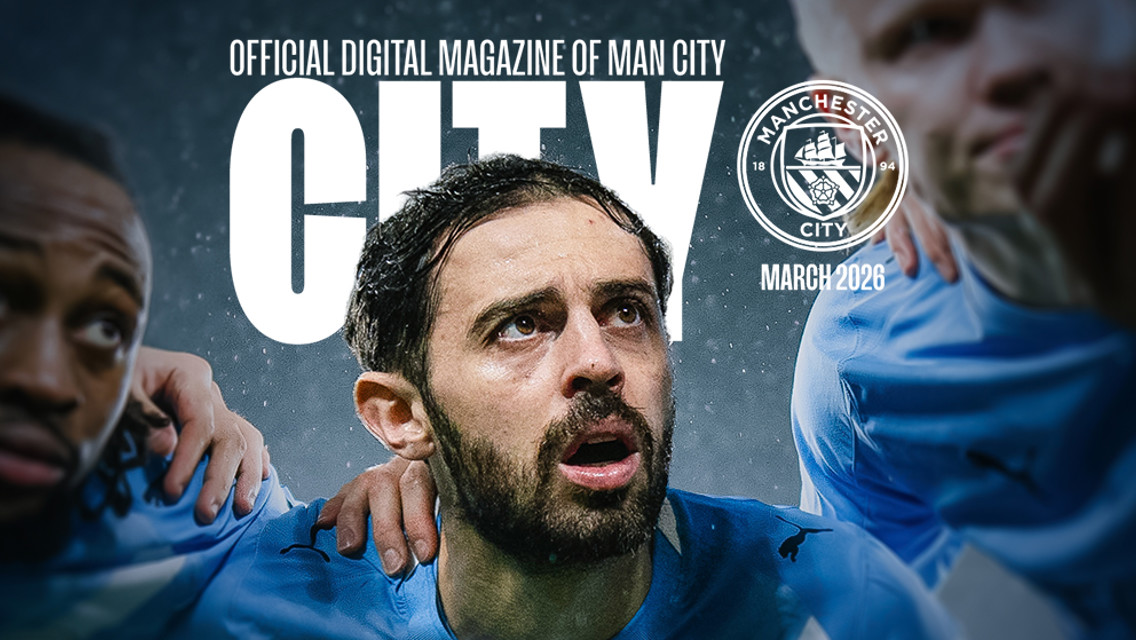 Cover of Manchester City's official digital magazine for March 2026 with team members in light blue kit and the Manchester City logo.