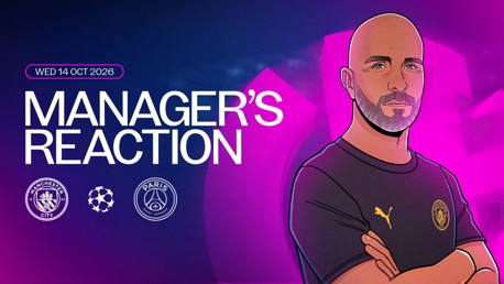 Illustrated graphic featuring a bald person with a beard, wearing Manchester City attire. Text includes 'Manager’s Reaction' and logos of Manchester City and Paris Saint Germain. Date is set to Wednesday 14 Oct 2026.