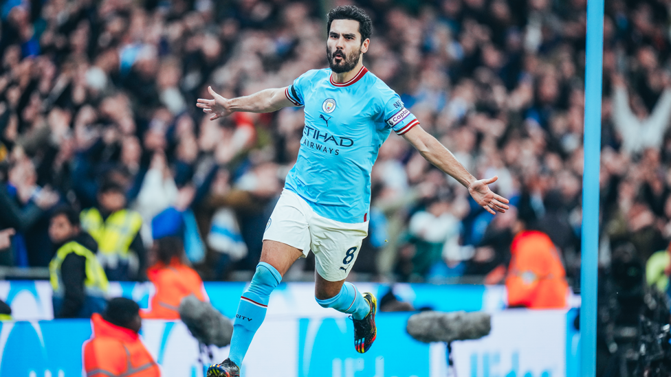 GUNDO GLEE : Ilkay Gundogan wheels away after doubling our advantage in the Etihad Stadium clash with Aston Villa.