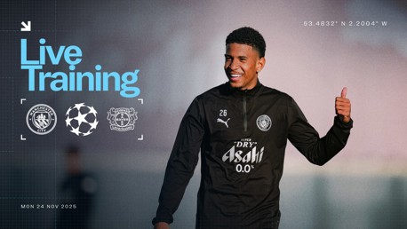 Image promoting live training session featuring Manchester City and Bayer Leverkusen logos, with a player wearing a training kit with number 26 and thumbs up gesture. Coordinates and date included.