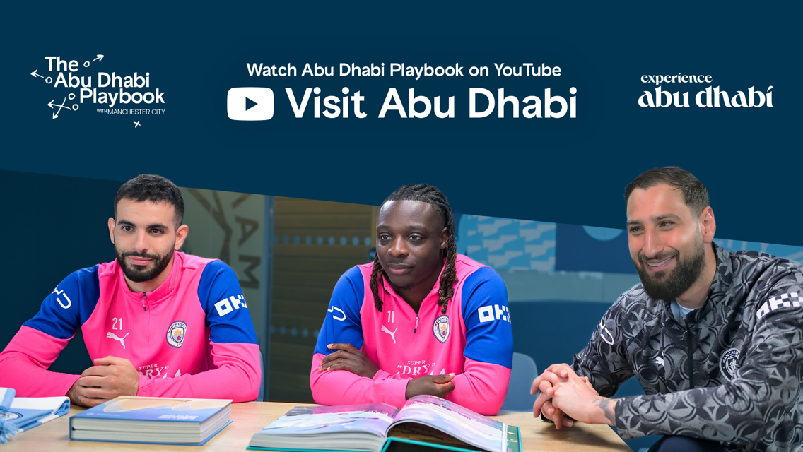 Three individuals in Manchester City attire are sitting at a table, promoting the Abu Dhabi Playbook on YouTube by Visit Abu Dhabi.
