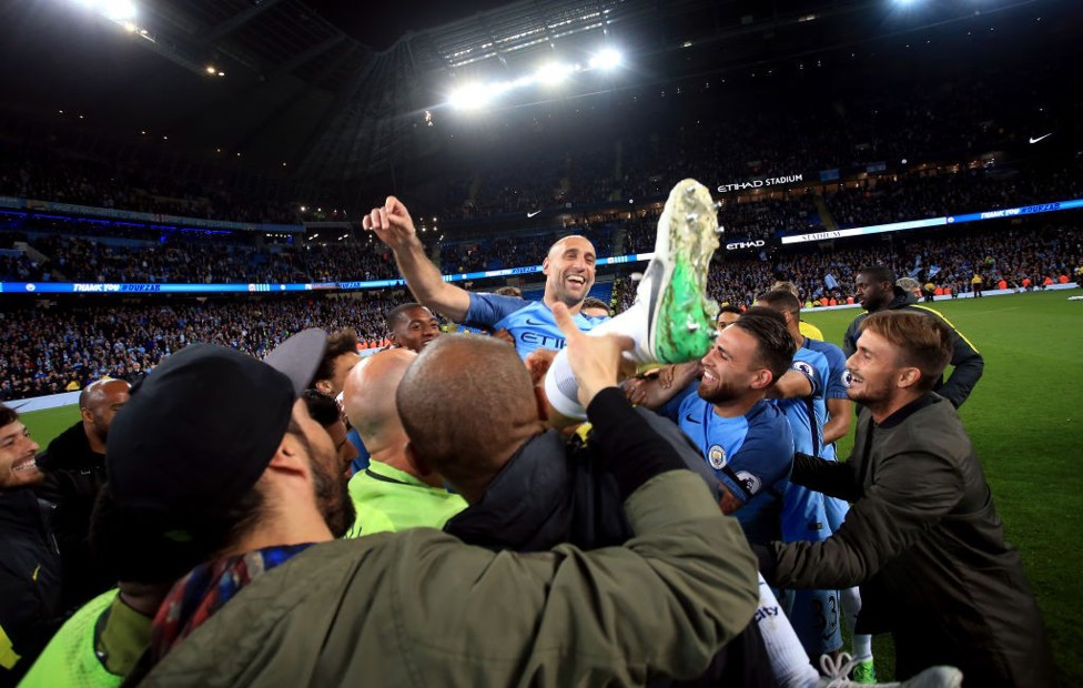 HIGH AND MIGHTY: Pablo is sent off in style by his City team-mates!