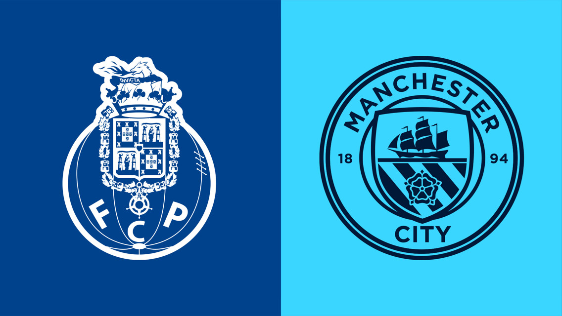 Side-by-side image of FC Porto and Manchester City logos. FC Porto's logo is on the left with a dark blue background, and Manchester City's logo is on the right with a light blue background.