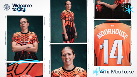 Collage of female footballer in Manchester City kit with 'Welcome to City' text and 'Moorhouse 14' on jersey.