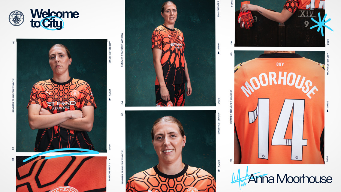Collage of female footballer in Manchester City kit with 'Welcome to City' text and 'Moorhouse 14' on jersey.