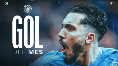 Graphic with 'GOL DEL MES' text, Manchester City logo, and blurred-out player wearing the team's light blue kit.