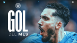 Graphic with 'GOL DEL MES' text, Manchester City logo, and blurred-out player wearing the team's light blue kit.