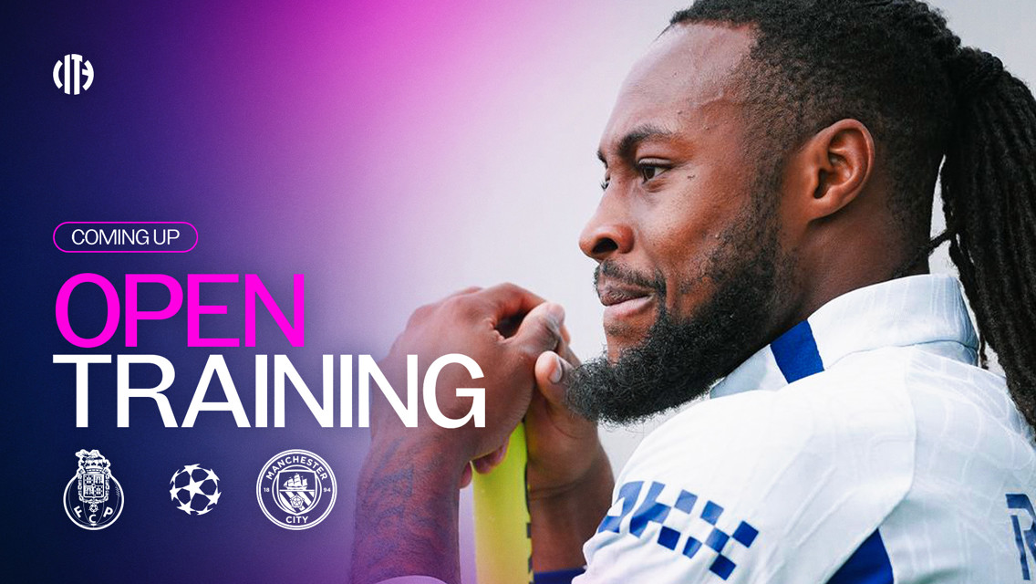 Graphic promoting an open training session featuring a footballer. Logos of FC Porto, UEFA Champions League, and Manchester City are shown. Background has a gradient effect.