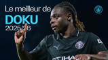 Graphic featuring a football player wearing a dark Manchester City kit with the text 'Le meilleur de Doku 2025/26' and the Manchester City logo.