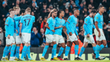 MAIN MAN: Mahrez is congratulated by his teammates.