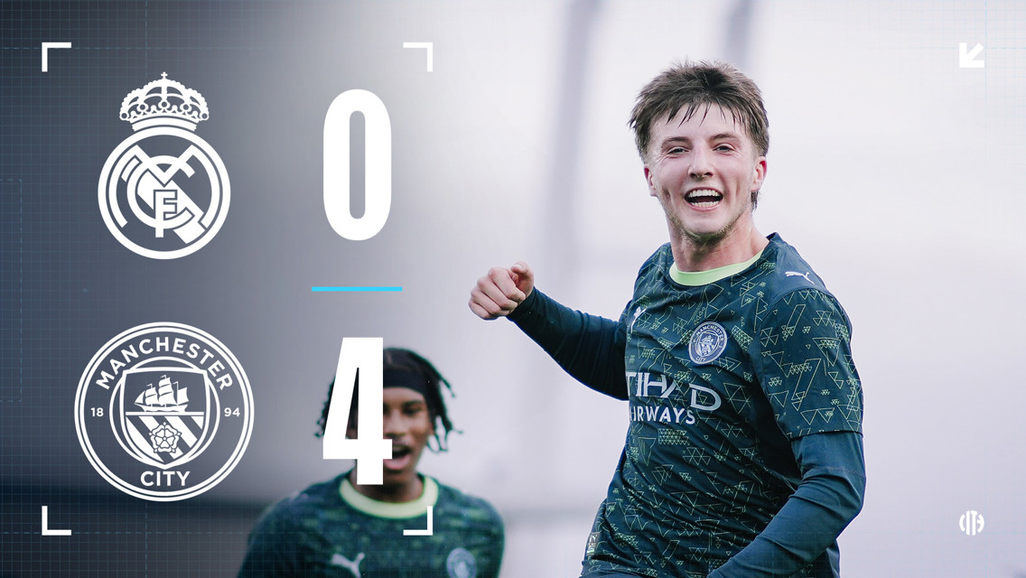 Image showing the match result between Real Madrid and Manchester City with the score 0-4. A Manchester City player is celebrating the victory in the foreground, and logos of both teams are visible.