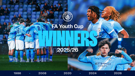 Manchester City FA Youth Cup Winners 2025/26 announcement with team celebration images and timeline of past victories in 1986, 2008, 2020, 2024, and 2026.
