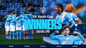 Manchester City FA Youth Cup Winners 2025/26 announcement with team celebration images and timeline of past victories in 1986, 2008, 2020, 2024, and 2026.