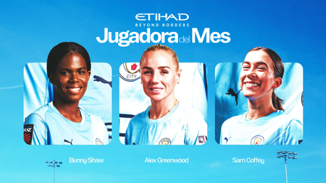 Promotional graphic for Etihad's 'Jugadora del Mes', featuring three women's football players from Manchester City Women: Bunny Shaw, Alex Greenwood, and Sam Coffey.