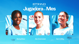 Promotional graphic for Etihad's 'Jugadora del Mes', featuring three women's football players from Manchester City Women: Bunny Shaw, Alex Greenwood, and Sam Coffey.