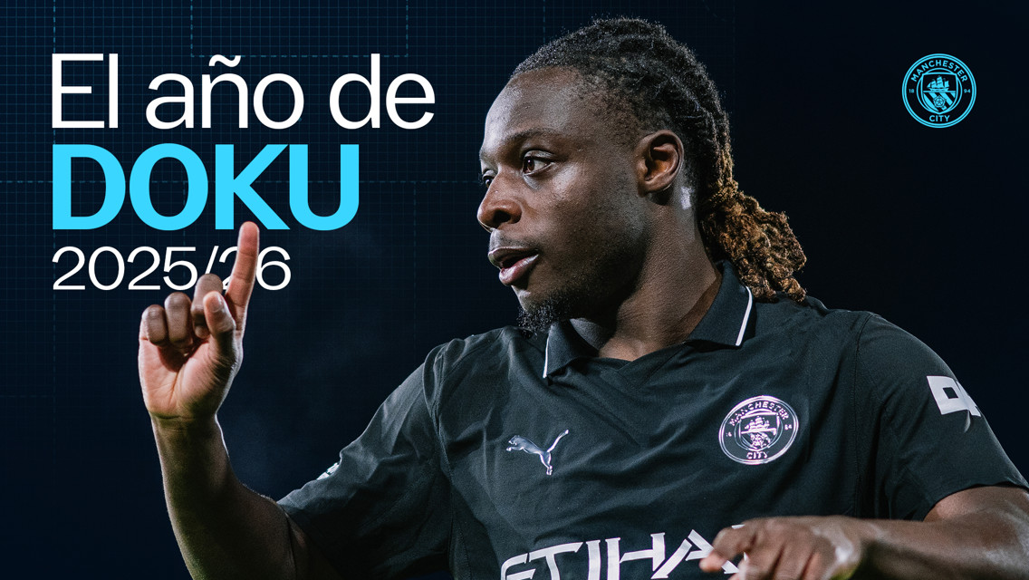 Promotional image featuring a football player in a Manchester City jersey, with text 'El año de DOKU 2025/26.'