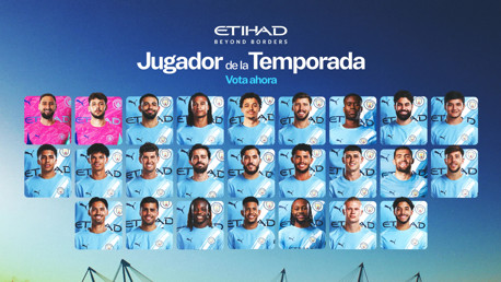 A poster encouraging votes for Manchester City's Player of the Season, featuring player portraits and Etihad sponsorship logos.